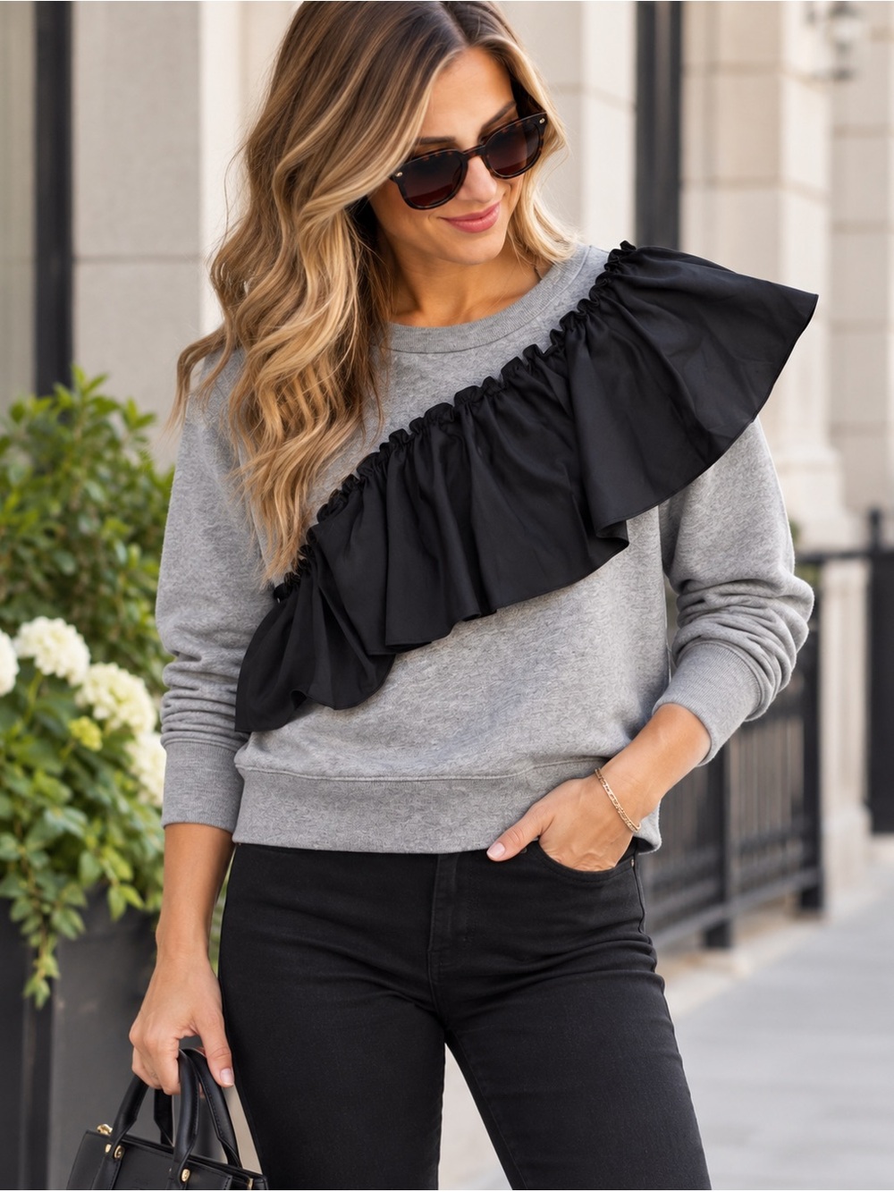 J.Crew Women’s XS Gray Asymmetrical Ruffle Sweatshirt Black Accent